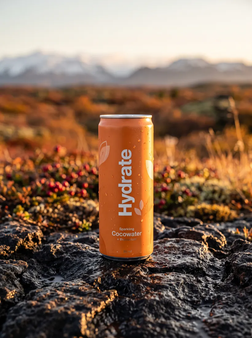 Hydrate True Mango á blautu hrauni í rauðri haustlyngbreiðu á Íslandi